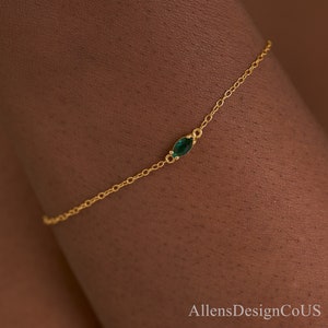 925 Sterling Silver Marquise Bracelet, Emerald Gemstone Bracelet, Everyday Simple Bracelet, 14K Gold Bracelet, Valentine's Gift image 5