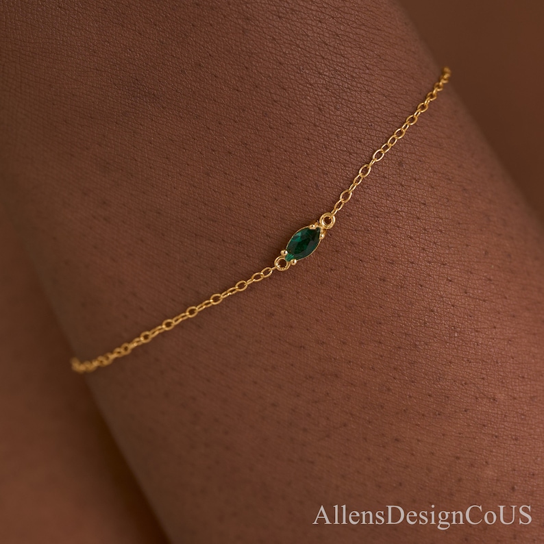 925 Sterling Silver Marquise Bracelet, Emerald Gemstone Bracelet, Everyday Simple Bracelet, 14K Gold Bracelet, Valentine's Gift image 5