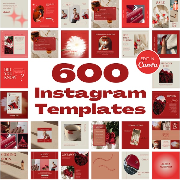 600 Red Instagram Template | Edit in Canva | Small Business, Blogger, Entrepreneur | Social Media Bundle | Boost Engagement | Valentines