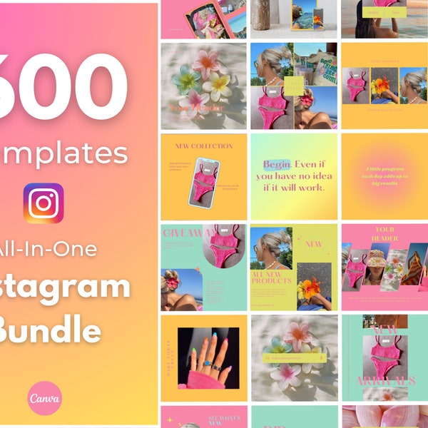 600 Bright Summer Instagram Template | Edit in Canva | Small Business, Blogger, Coach, Entrepreneur | Social Media Bundle | Boost Engagement