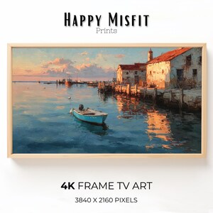 Frame TV Art, Coastal Harbor Digital Download, Samsung Frame TV Art, Seaside Boat, Water Reflection Art, Instant Download, Home Decor