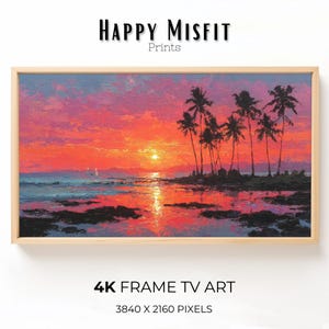 Lijst met tv-kunst tropische zonsondergang: kust palmboom zeegezicht (digitale download)