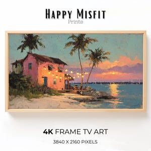 Frame TV Art, Beach House Digital Art for Samsung Frame TV, Coastal Scenery Artwork, Tropical Palm Tree Sunset, Instant Digital Download