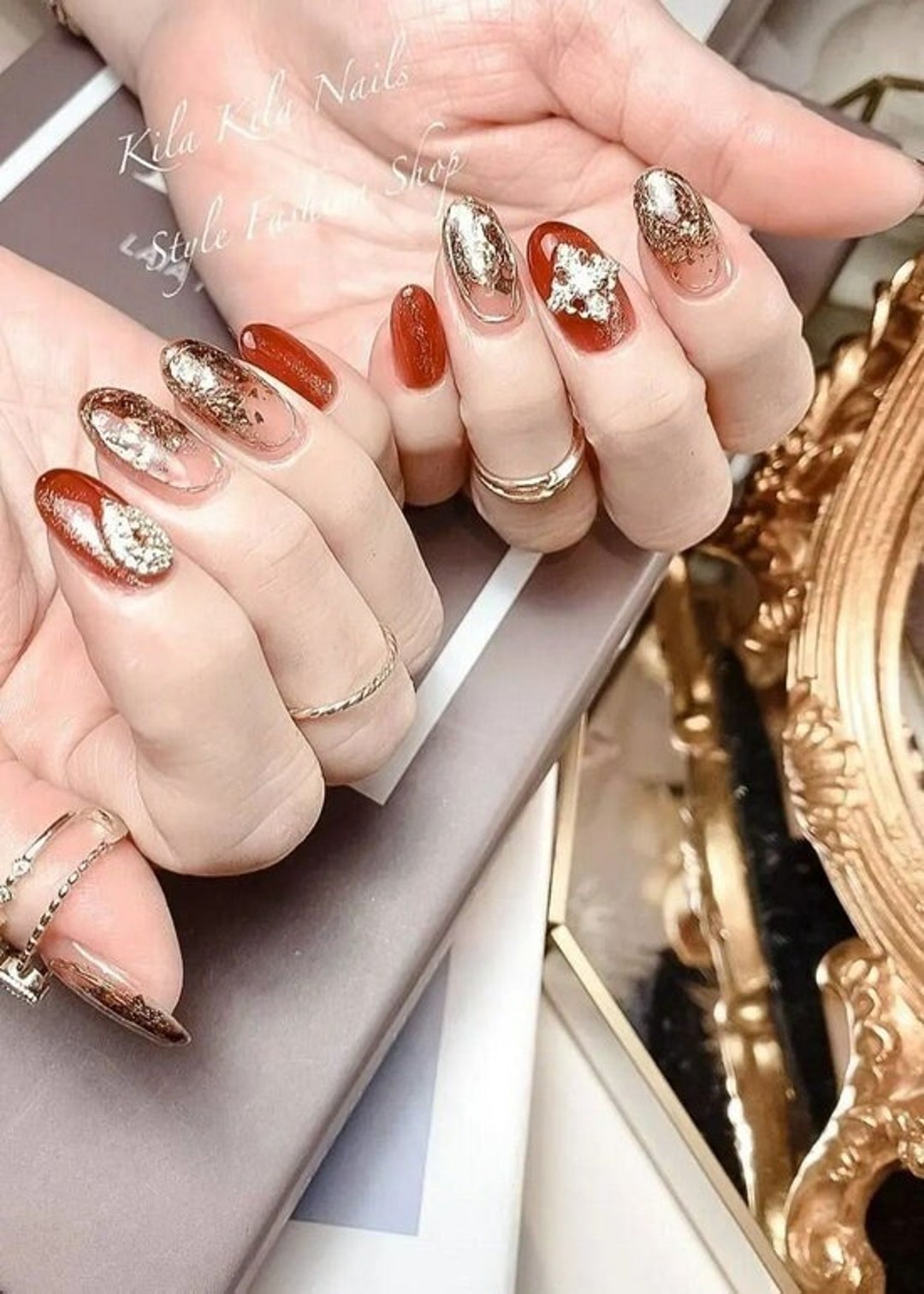 Chromed Press-on Nails Chrome Silver Metallic Glazed Pearl Gems 