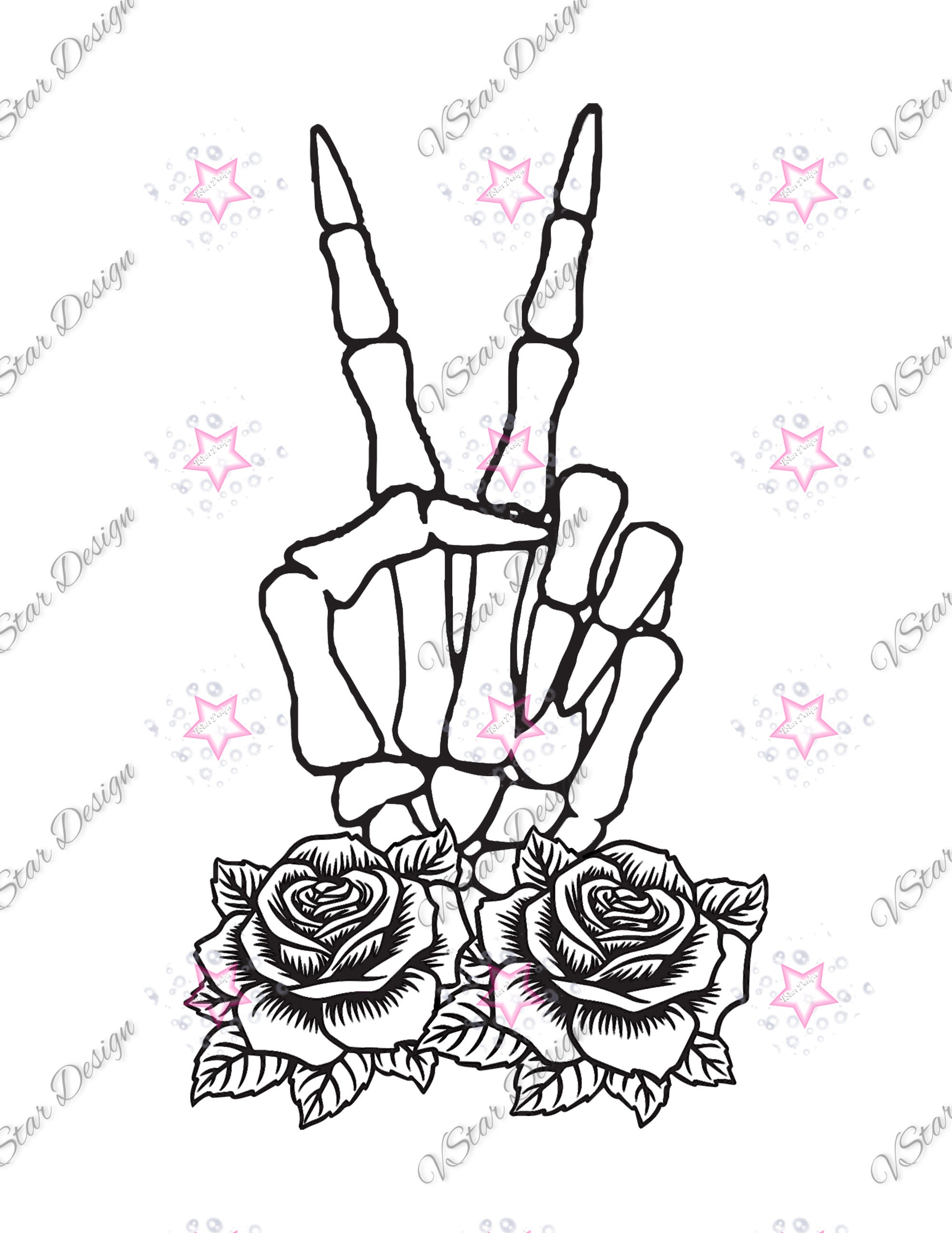 Peace Sign, Skeleton Hand, Roses, SVG File, Cut File, PNG File, Digital Download, Bones, Skeleton