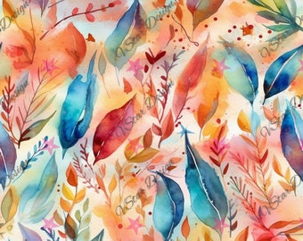 Watercolor Leaves Seamless Pattern, Repeating Pattern, Seamless Leaf Digital Download, PNG File, Wall Art, Watercolor Art, Scrapbooking, Art