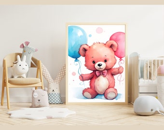Watercolor Teddy Bear, Balloons, Baby, Nursery, Wall Art,  Digital Print, Cute Wall Art, Poster Prints, Wall Décor, Wallpaper
