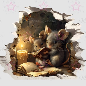 May include: Two brown mice are sitting in a stone alcove reading a book by candlelight. The mice are looking at the book and the candle is lit. The alcove is made of stone and has a rough texture. There are leaves on the ground.