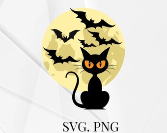 Schwarze Katze SVG, Halloween Fledermäuse, SVG und PNG digitale Dateien für Cricut und Silhouette