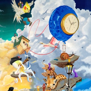 May include: A surreal painting with a blue balloon clock, a giraffe playing chess, an octopus with a telescope, a birdhouse, a snail, and a bird on a cracked surface.