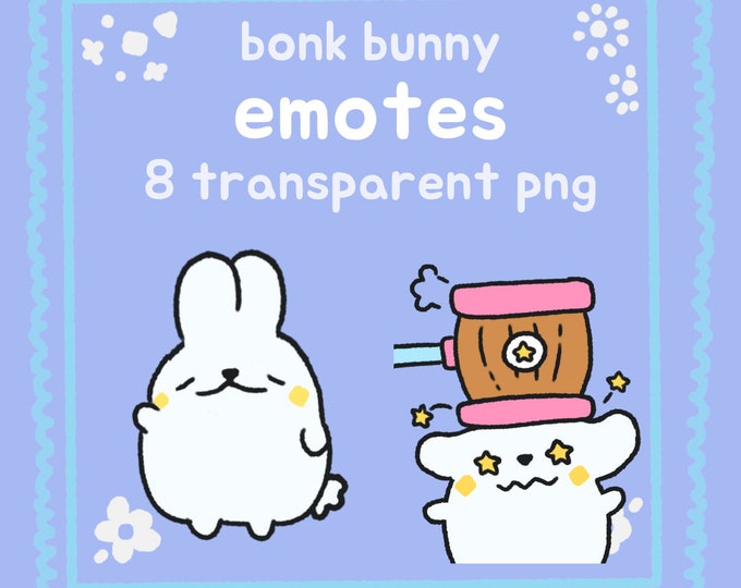 Kawaii Bonk Bunny Emotes – 8 Cute Rabbit Twitch Streamer Designs (PNG)