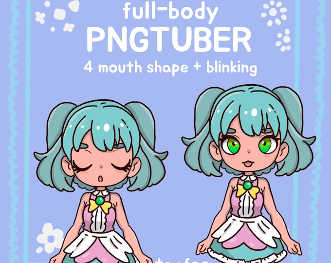 Cute Blue Hair Girl PNGtuber Model, 4 Expressions