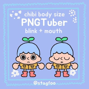 Puede incluir: Ilustración digital de dos personajes chibi, uno con los ojos abiertos y el otro con los ojos cerrados. Los personajes tienen cabello azul, brotes verdes y visten chaquetas amarillas y botas rojas. El texto dice "chibi body size PNGTuber blink + mouth".