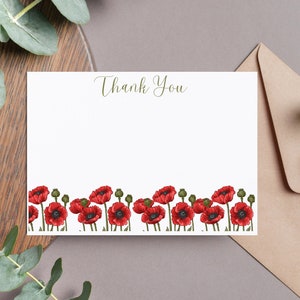 Rote Mohn DIY druckbare Dankeskarte für Babypartys, Geburtstagsfeiern, Brautpartys und jeden Tag Danksagungen, sofortiger Download PDF