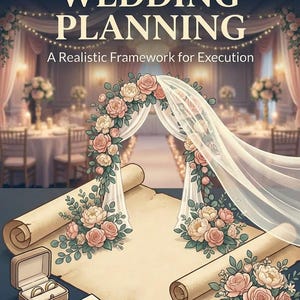 May include: A wedding planning guide with the title "Guide to Wedding Planning" and the subtitle "A Realistic Framework for Execution". The image features a wedding arch decorated with flowers, scrolls, rings, and calligraphy cards.