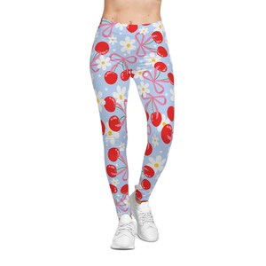 Cherry Blue Yoga Leggings - Women&#39;s Casual Leggings, Exercise Ladies Sportswear, Gym, Athletic Pants, Workout Tights, Athleisure Leggings