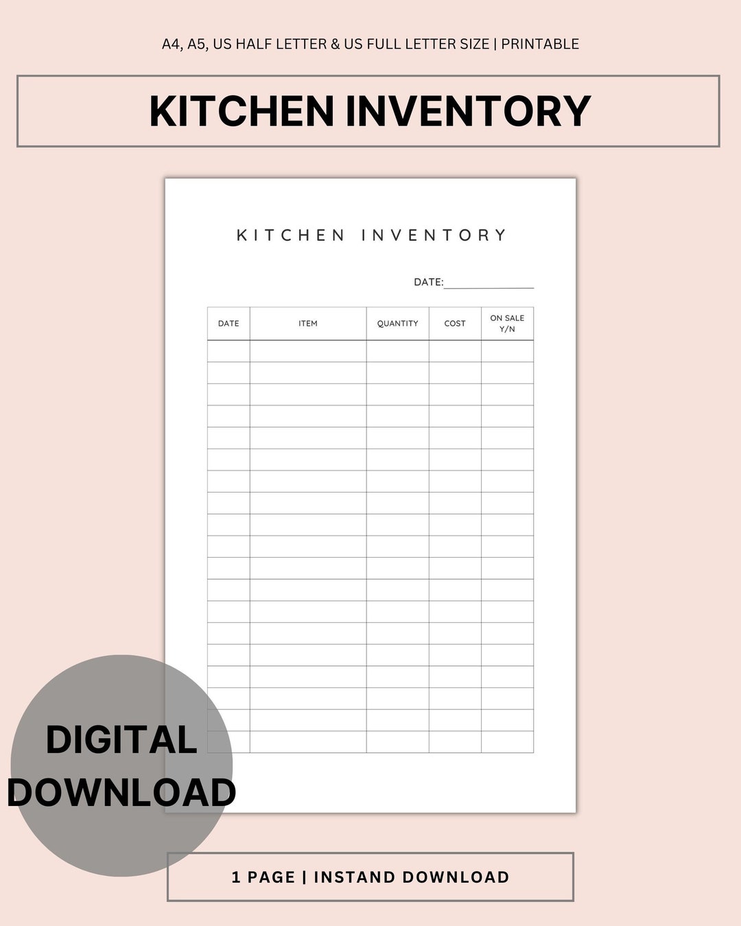 Printable Singlepage Pantry Inventory Tracker for Efficient
