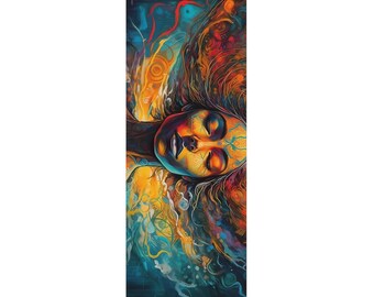 May include: A colorful yoga mat with a painting of a woman's face with her eyes closed. The woman's hair is flowing and the background is a mix of blue, green, and yellow.