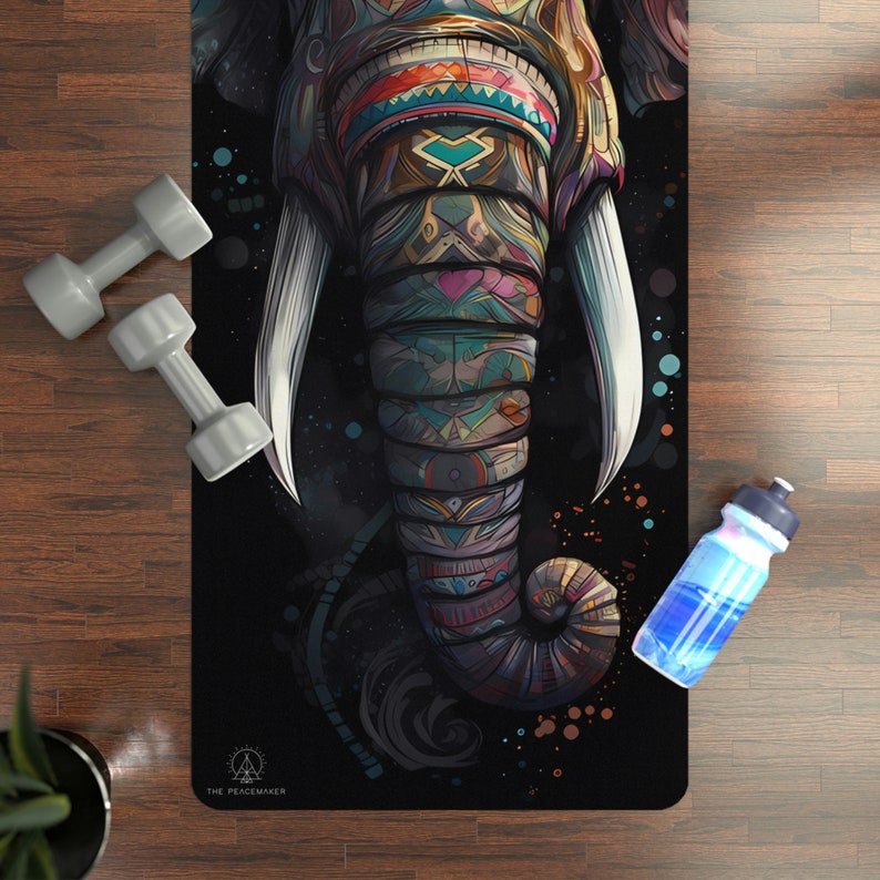 Sacred Elephant Spirit Yoga Mat | Anti Slip Rubber & Microfiber Suede Top | Black Background Design | Gift-For Her | image 4