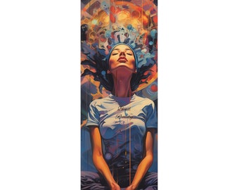 May include: A yoga mat with a colorful abstract design featuring a woman with her head tilted back and eyes closed. The woman is wearing a white t-shirt with the text "Bend Reality" printed on it. The background is a vibrant mix of blue, orange, yellow, and purple.