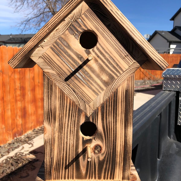 Double decker cedar birdhouse slightly charred