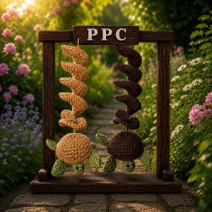 Può includere: Una cornice in legno scuro con le lettere PPC presenta due tartarughe all'uncinetto appese. Una tartaruga è marrone chiaro con un guscio a spirale, l'altra è marrone scuro con un guscio simile. Entrambe hanno piccole zampe e teste di colore verde.