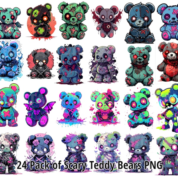 Scary Teddy Bears Mega Bundle Vol 1, 24 PNG Spooky Zombie Teddybär Monster Teddybär Horror Scare Bear Herunterladbare Clipart-Pack