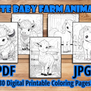 Cute Baby Farm Animal Coloring Book Pages Digital Printable Colouring Pages  for Kids and Adults Highland Cow Baby Goat Horse Donkey Chick