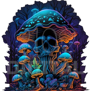 Neon Skull Mushrooms PNG Bright Colored Mushrooms Skull Cool Mushrooms Horror PNG Spooky Forest Scary Fantasy Scene Digital File