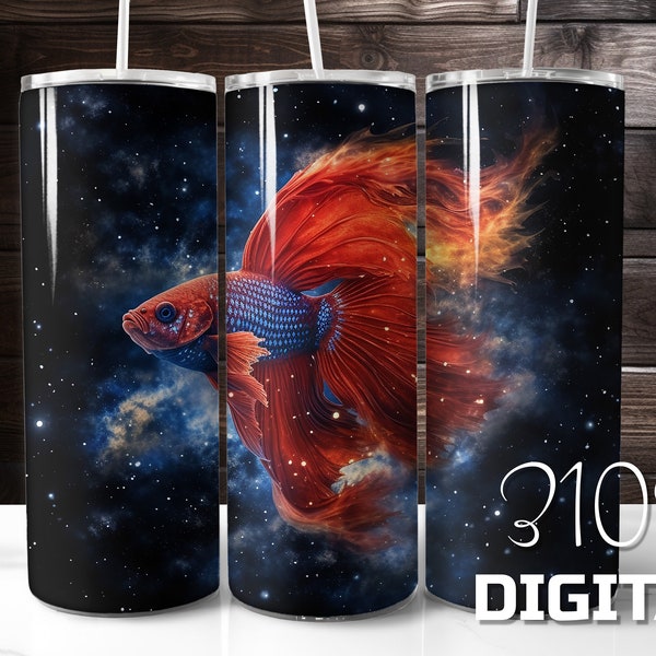 Betta Fish in Galaxy of Stars 20oz Tumbler Wrap Sublimation Designer PNG Digital Download Tumblerwrap Design Bettafish in Nebula Starry Sky