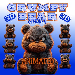 Könnte beinhalten: Ein animiertes Grafikdesign mit einem grimmigen Bärencharakter mit finsterem Blick. Der Bär ist dunkelgrau mit braunen Akzenten, vor einem blauen Farbverlauf. Text: "GRUMPY BEAR" und "ANIMATED".