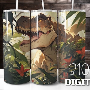 T-Rex in the Jungle 20oz Tumbler Wrap Sublimation Designer PNG Digital Download Tumblerwrap Design Dinosaur for Kids Tumbler Design