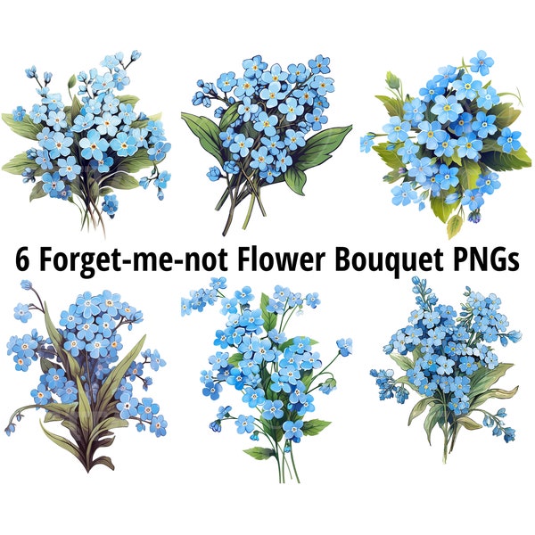 Forget-me-not Bundle of 6 PNG Floral Clipart of Blue Flower Bouquet Artful Printable Downloadable Art of Forget Me Not Flowers Alaska State