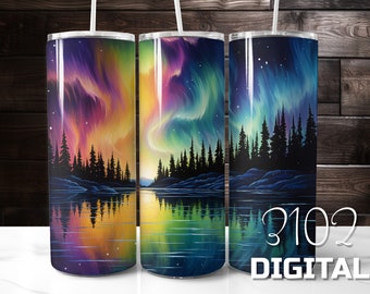 Aurora Borealis 20oz Tumbler Wrap Sublimatie Designer PNG Digitale Download Tumblerwrap Design Helder Kleurrijk Noorderlicht Taps toelopend