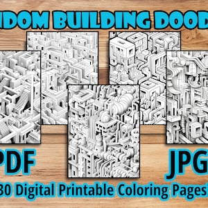 May include: A set of 30 black and white printable coloring pages featuring intricate designs of buildings and structures. The pages are labeled "PDF" and "JPGs" and the text "30 Digital Printable Coloring Pages!" is displayed below the images.