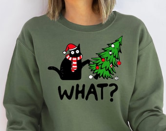 Christmas Cat What Shirt, Christmas Sweatshirt, Black Cat Shirt, Christmas Cat Shirt, Cat Lover Shirt, Christmas Tree Shirt, Christmas Gift