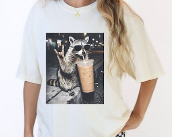 Comfort Colors Raccoon Drinking Iced Coffee  Funny Animal Meme Tee, Raccoon Lover  Unisex     T-Shirt
