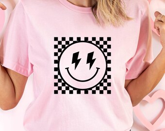 Checkered Retro Smile Face Shirt, Happy Face Tee
