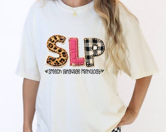 Comfort Colors® SLP  Faux Patchwork Speech Language Pathologist Tee,   Speech Therapist Therapy Shirt