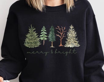 Merry & Bright Christmas Trees Sweatshirt, Holiday  Womens  Sweater,