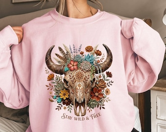 Boho Cow Skull Western Sweatshirt, Bull Skull Cowgirl Shirt,