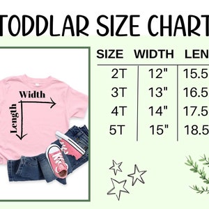 May include: A pink toddler t-shirt with a size chart showing width and length measurements in inches. The chart shows sizes 2T, 3T, 4T, and 5T with corresponding width and length measurements.