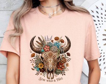 Boho Cow Skull  Western Graphic Tee, Bull Skull Cowgirl T-shirt,