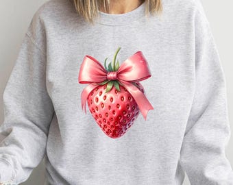 Coquette Bow Strawberry  Sweatshirt, Summer Trip  Strawberry Lover Sweater