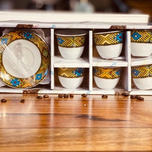12 PCS- Ethiopian Traditional Coffee Cups- Traditional Design - 6 Caps and 6 Saucers