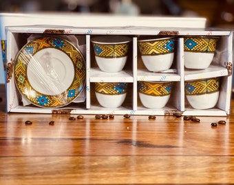 12 PCS- Ethiopian Traditional Coffee Cups- Traditional Design - 6 Caps and 6 Saucers