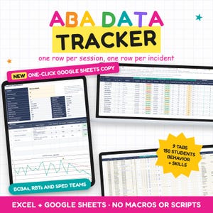 Puede incluir: Herramienta de hoja de cálculo digital ABA Data Tracker para Google Sheets y Excel. Incluye panel de estudiante, seguimiento de comportamiento y habilidades, 9 pestañas para 150 estudiantes y función de copia en un clic para equipos educativos.