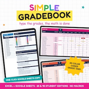 Può includere: Un modello digitale di registro voti per Google Sheets ed Excel su sfondo a griglia bianca. Il display mostra tre schermate con nomi di studenti, elenchi di materie e dati numerici. Una grafica a stella gialla evidenzia 20 schede voti codificate a colori, con il testo Simple Gradebook, type the grades, the math is done, ed Excel + Google Sheets.