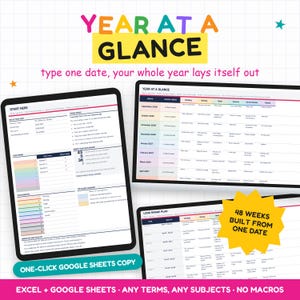 Op de afbeelding: Een digitale planner-sjabloon voor Google Sheets en Excel genaamd Year at a Glance. De interface bevat kleurrijke tabellen voor het plannen van schoolcurricula, het bijhouden van vakken en langetermijnplanning met 48 weken vanaf één datum.