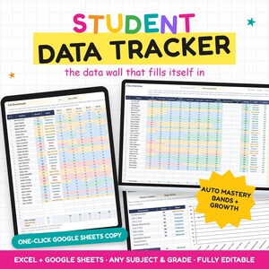Könnte beinhalten: Eine digitale Schülerdaten-Tracker-Tabelle auf Bildschirmen mit farbigen Tabellen zur Verfolgung von akademischen Fortschritten, Kompetenzstufen und Wachstum. Der Text lautet Student Data Tracker, the data wall that fills itself in, und Auto Mastery Bands + Growth.